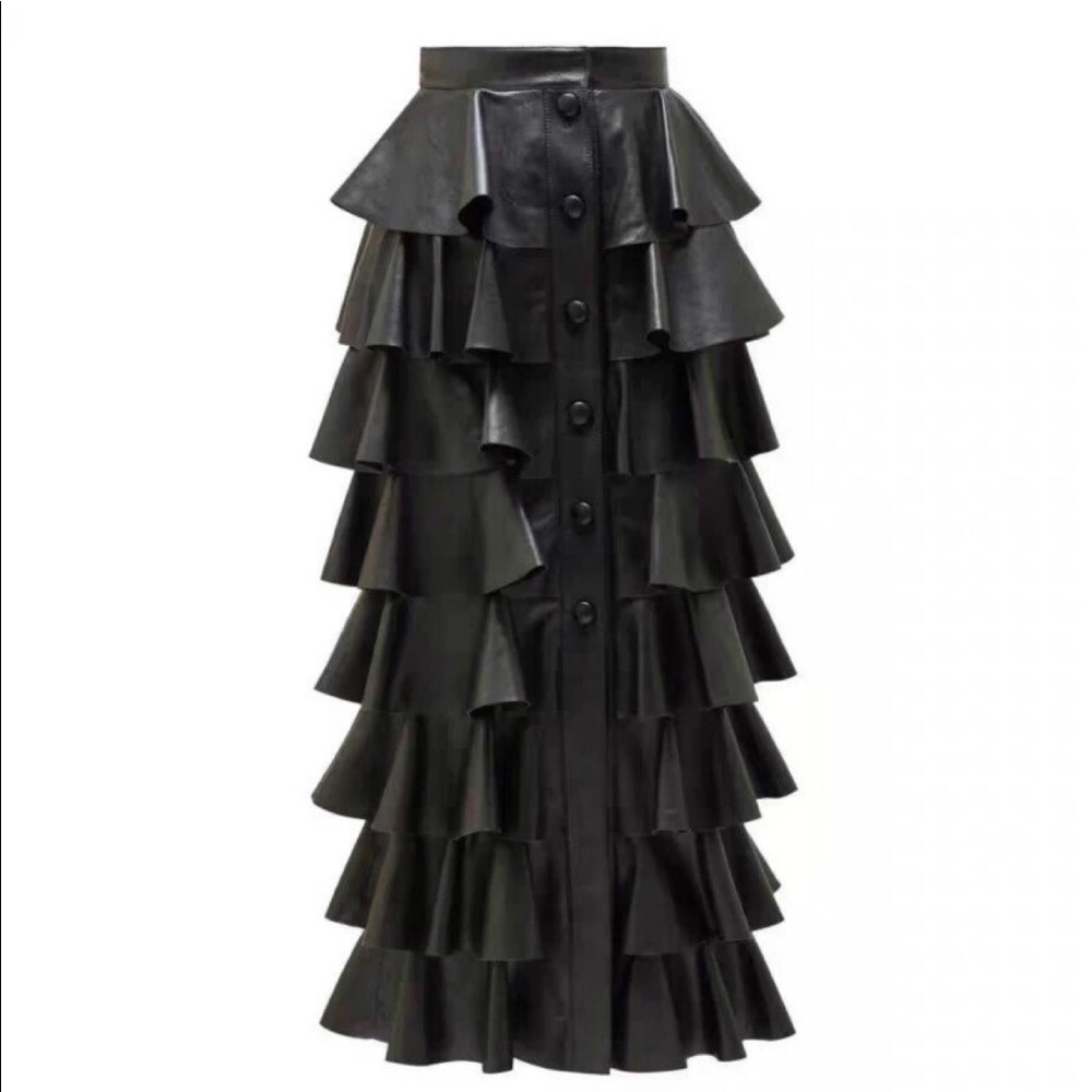 Tiered faux leather black button down skirt.